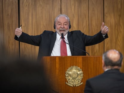 Lula da Silva, presidente de Brasil, durante una rueda de prensa junto a Olaf Scholz, el canciller alemán.