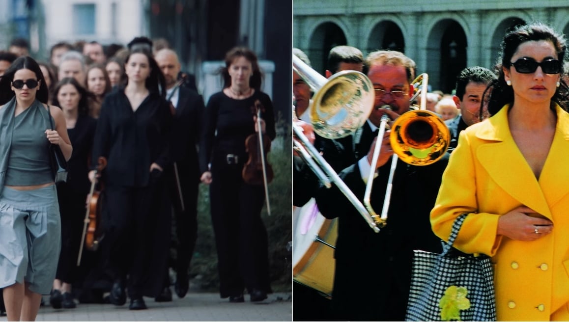 A la izquierda, una imagen del vídeo de 'Berghain', con Rosalía en el centro. A la derecha, 'Viva España' (2004), 'performance' de Pilar Albarracín.