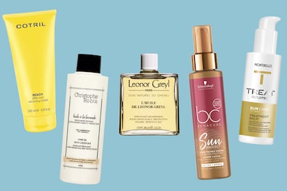 Máscara reparadora para después del sol Beach de Cotril (15,50 € en peluquerías seleccionadas), Aceite de Lavanda para el pelo de Christophe Robin (34 € en Claudia di Paolo), aceite prechampú para cabello seco con protección solar y resistente al agua de Leonor Greyl (34,50 €), crema acondicionadora Sun Protect de Schwarzkopf (15,75 € en peluquerías seleccionadas) e hidratante intensivo Sun Treat Naturtech de Montibello (13,50 € en peluquerías seleccionadas).