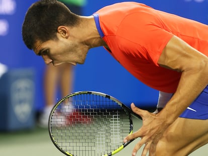 Carlos Alcaraz grita de rabia tras perder un punto ante Cameron Norrie en Cincinnati.