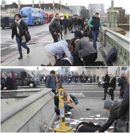 Duas fotografias de Toby Melville (Reuters) publicadas em EL PAÍS, nas que também se vê a transeúntes passando de longo, sem que se lhes tenha acusado de nada