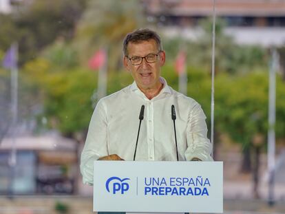 El presidente del PP, Alberto Núñez Feijóo, durante su intervención en la reunión de la Junta Directiva Regional del PP-A, este martes, en Sevilla (Andalucía).