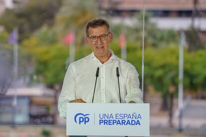 El presidente del PP, Alberto Núñez Feijóo, durante su intervención en la reunión de la Junta Directiva Regional del PP-A, este martes, en Sevilla (Andalucía).