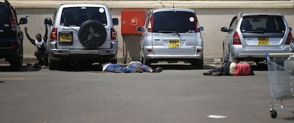 Varios cuerpos sin vida yacen en el suelo del aparcamiento del centro comercial mientras un hombre que se hab&iacute;a escondido detr&aacute;s de los coches pide ayuda. 