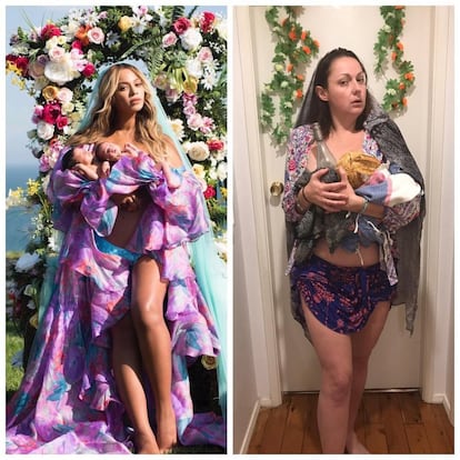 A la izquierda, la famosa foto en la que Beyoncé presentó a sus mellizos Sir y Rumi en julio de 2017. A la derecha, la comediante australiana con una botella, una hogaza de pan y algunos trapos.