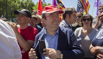 El líder del PSC, Miquel Iceta, en la manifestación de hoy.