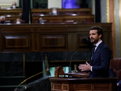 El líder del Partido Popular, Pablo Casado, durante una intervención en el pleno del Congreso el pasado 30 de junio.