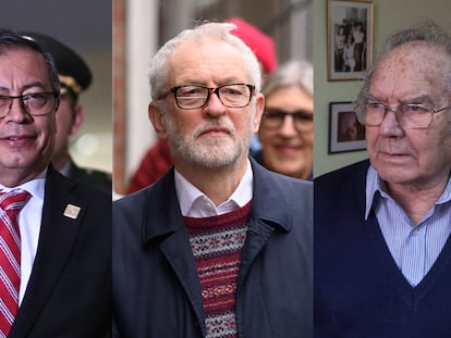 Gustavo Petro, el parlamentario británico Jeremy Corbyn y el Premio Nobel de la Paz, Adolfo Pérez Esquivel.