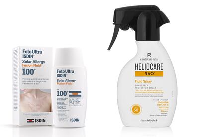 Para evitar la alergia al sol lo ideal es usar filtros solares muy altos y texturas no grasas e hipoalergénicas. Es el caso de Solar Allergy Fusion Fluid 100, de Isdin (22,37€ en Mifarma) o Heliocare 360º Fluid Spray SPF 50, de Cantabria Labs (24,88€ en Mifarma).