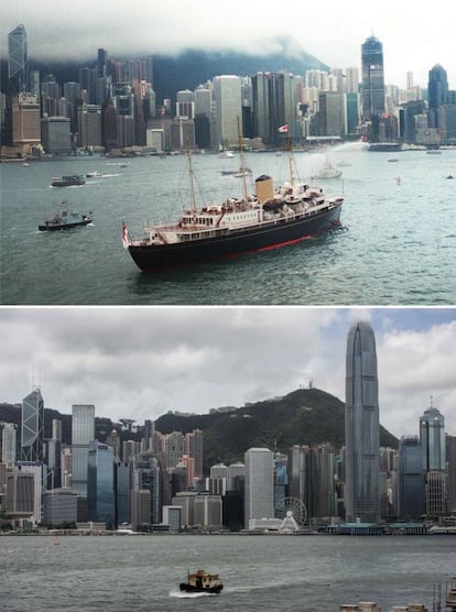 Arriba, el barco real Britannia navega por el puerto de Hong Kong, que fue la base para el príncipe Carlos antes de que el territorio fuese devuelto a China tras 150 años de dominio británico, el 23 de junio de 1997; abajo, un barco circula por las aguas del puerto Victoria frente al skyline de Hong Kong.