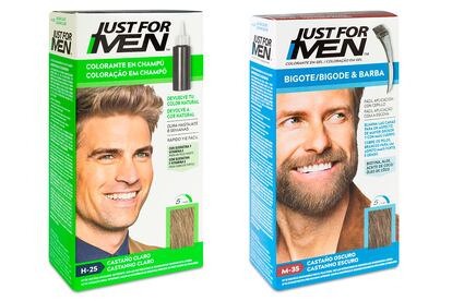 De izquierda a derecha: champú decolorante Just for Men y colorante Just for Men para bigote y barba.