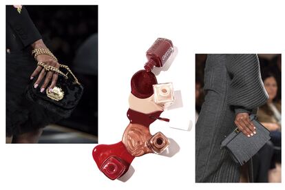 En la imagen, manicuras del desfile de Moschino y Fendi (respectivamente) y lacas de uñas de la marca Essie.