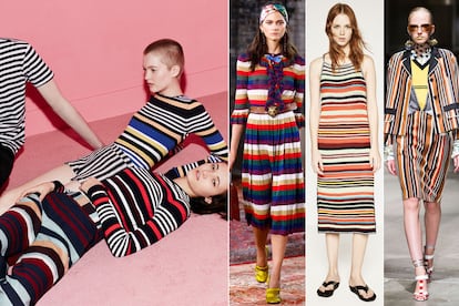 Rayas de colores

Verticales y horizontales, las rayas multicolor se cuelan en forma de total looks o se mezclan con otros estampados y texturas. En la imagen, diseños de Zara (izquierda y centro), Gucci y Prada.