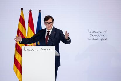 Salvador Illa, primer secretario del PSC, en un momento de su conferencia.