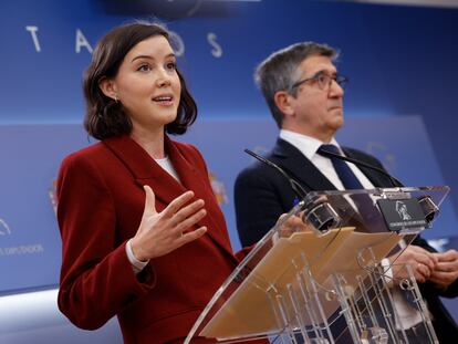 La secretaria de Igualdad del PSOE, Andrea Fernández, y el portavoz del Grupo Socialista en el Congreso, Patxi López, durante la rueda de prensa ofrecida este lunes en la Cámara baja.