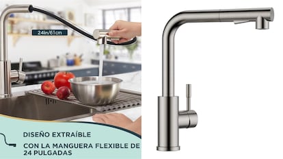 Este otro modelo de grifo para la cocina incluye dos modos en su rociador con posibilidad de pausar el agua.