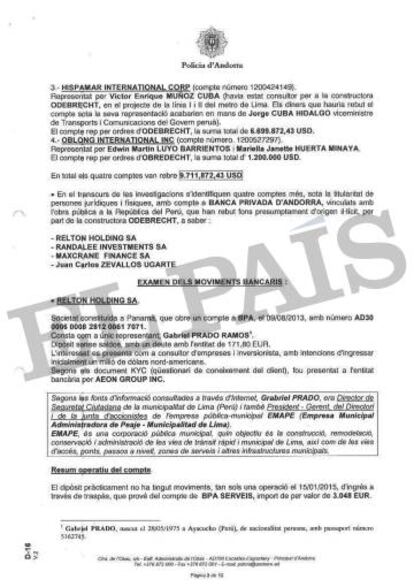 Informe de la Policía de Andorra sobre los presuntos sobornos de Odebrecht a altos funcionarios de Perú.