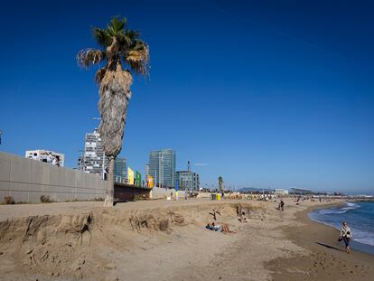 Falta de arena en la  playa de la Nova Mar Bella, este domingo en Barcelona.