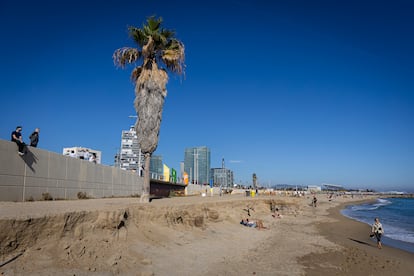 Falta de arena en la  playa de la Nova Mar Bella, este domingo en Barcelona.