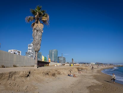 Falta de arena en la  playa de la Nova Mar Bella, este domingo en Barcelona.