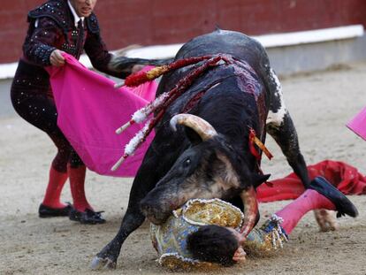 El novillero Garc&iacute;a Navarrete sufre varias cornadas este domingo en Las Ventas. 