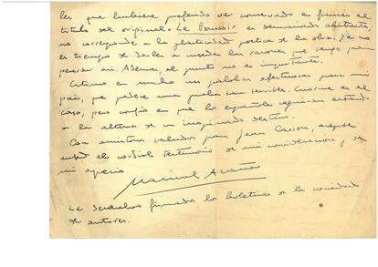 Fragmento de una carta inédita de Azaña de enero de 1937 a su traductor Jean Camp. En ella, le agradece su interés por la situación de España, en plena guerra civil.