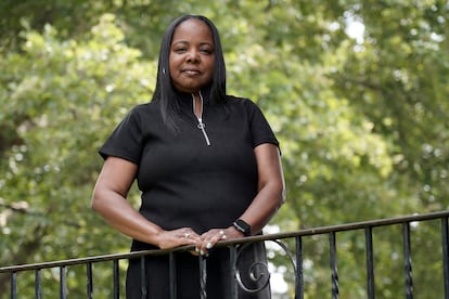 Philadelphia school district teacher Rhonda Hicks poses for a portrait at her home in Philadelphia