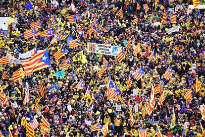 Banderes i pancartes són portades pels manifestants.