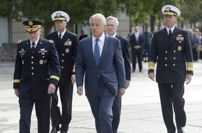 El secretario de Defensa estadounidense, Chuck Hagel, durante una ceremonia en memoria de las víctimas del tiroteo en Washington.