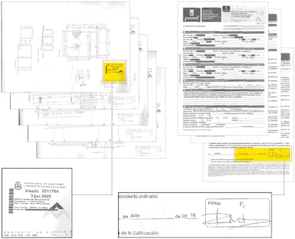 Sello del Colegio de Aparejadores de 2005 que fue reutilizado en los años siguientes (i) y firma de Monasterio en una petición de licencia (d) que registró planos con ese sello en julio de 2016. EL PAIS