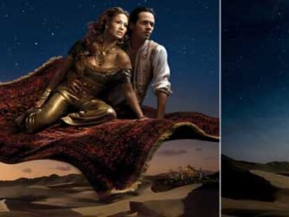 A la izquierda, la cantante Jennifer López y su marido, Marc Anthony; a la derecha, la actriz Whoopi Goldberg.