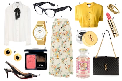 1. Dolce & Gabbana Camisa con lazo en el cuello. 2. Miu Miu Gafas de ver con montura de pasta. 3. Dolce & Gabbana Cárdigan crop de manga corta. 4. Aristocrazy Anillo de oro con la palabra “Love”. 5. Paul & Joe Falda larga con print de flores. 6. Guerlain Barra de labios “Météorites Blossom - Rouge Automatique”. 7. Lorus Reloj dorado. 8. Yves Saint Laurent Eyeliner en crema “Eyeliner Effet Faux Cils”. 9. Saint Laurent Bolso de piel acolchado con logo y asa de cadena. 10. Lara Bohinc Pendientes de oro y ónix. 11. Dior Colorete “Diorblush - Trianon”. 12. Creed Fragancia “Spring Flower”. 13. Christian Louboutin Salón en ante, piel y plexiglás con talón descubierto.