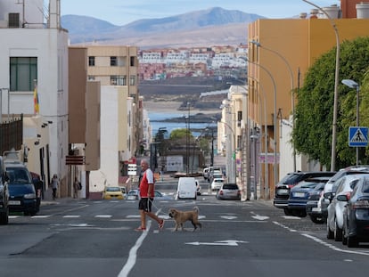 Un hombre pasea a su perro en Fuerteventura el 30 de marzo. EFE / Carlos De Saá
