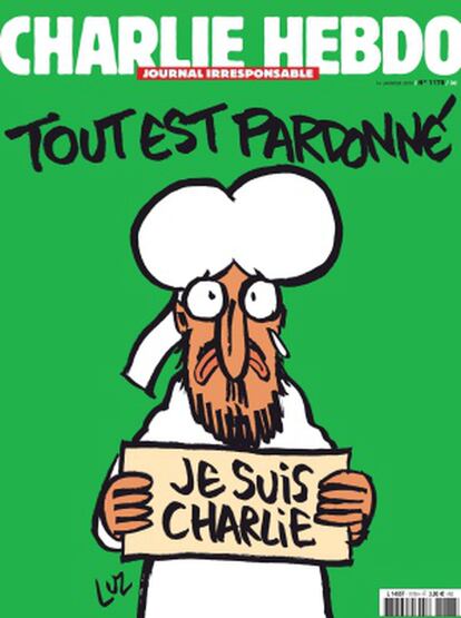 La portada con la reacción de la revista 'Charlie Hebdo' al atentado en su redacción, donde se lee "Todo está perdonado".