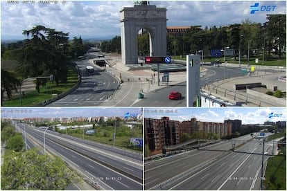 Imágenes de las pantallas de la DGT en la A6, arriba, y en dos puntos de la A5, el miércoles 8 de abril, durante el estado de alarma.