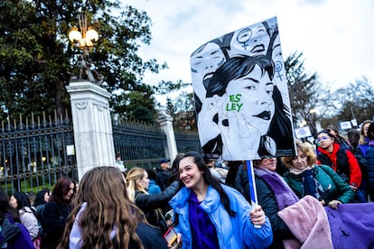 Una joven sostenía una pancarta en la manifestación transexcluyente frente al Ayuntamiento de Madrid, este viernes.