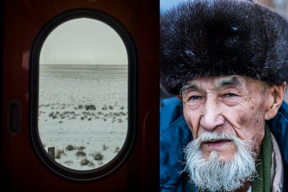 Paisaje nevado en la planicie kazaja en el trayecto en tren entre Aktau y Aral. A la derecha, un viajero en una estación de tren kazaja entre Aral y Almaty. 