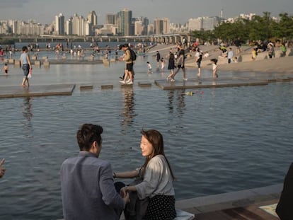 Una pareja surcoreana en un parque al lado del r&iacute;o Han, en Se&uacute;l.