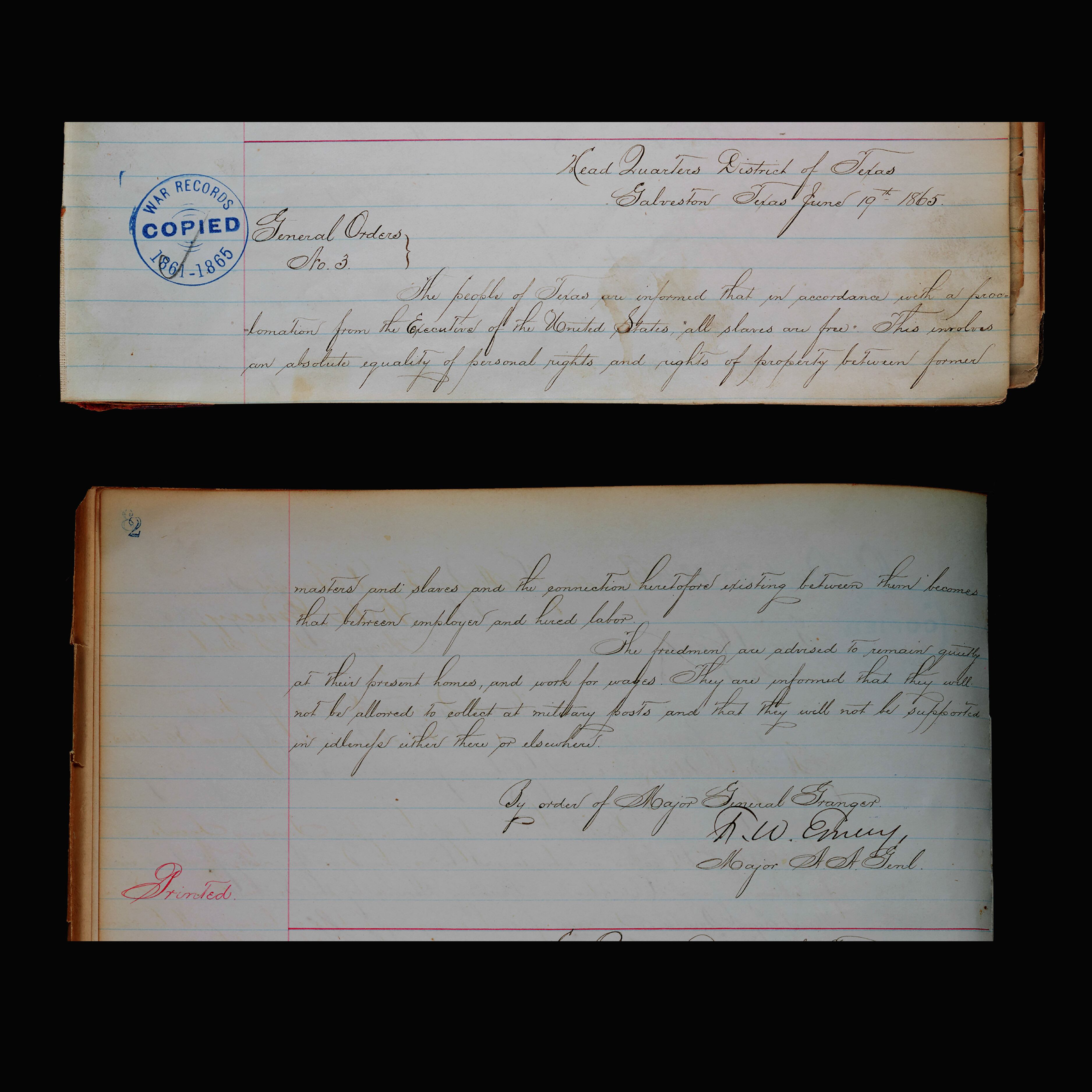 Un registro manuscrito que muestra la orden general n°3, emitida por el General de División de los Estados Unidos Gordon Granger, el 19 de junio de 1865. 