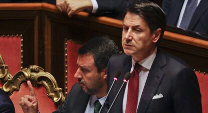 El primer ministro italiano, Giuseppe Conte, durante su comparecencia de hoy en el Senado.