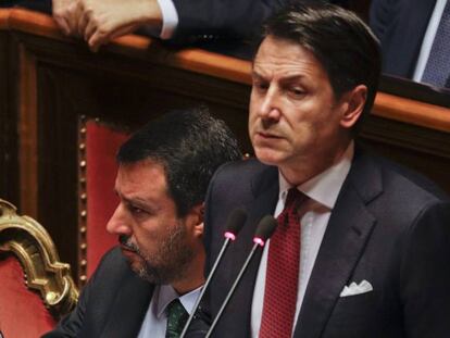 El primer ministro italiano, Giuseppe Conte, durante su comparecencia de hoy en el Senado.