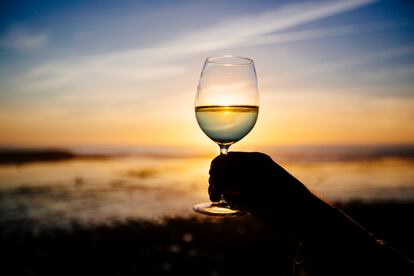 Silueta de una copa de vino frente al mar.