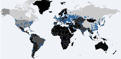 Mapa con los sitios en los que se ha detectado el 'ransomware'.