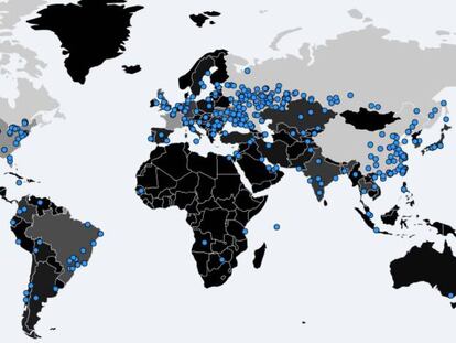 Mapa con los sitios en los que se ha detectado el 'ransomware'.