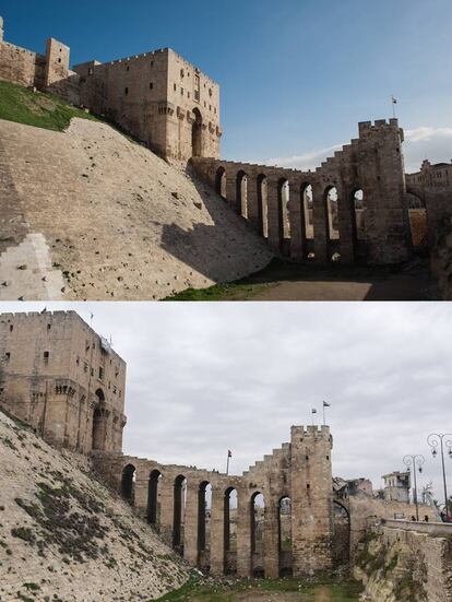 Vistas de la Fortaleza de Alepo, del Siglo XII. En la parte superior, foto tomada en 2010; en la inferior, foto tomada en 2017.
