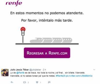 Un tuit con el aviso de Renfe de la página web colapsada.