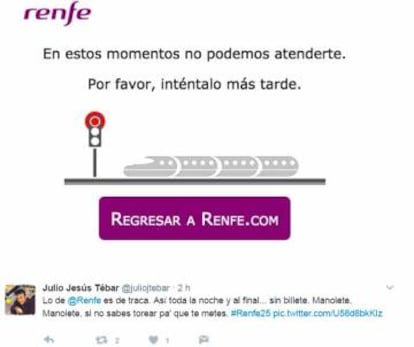 Un tuit con el aviso de Renfe de la página web colapsada.