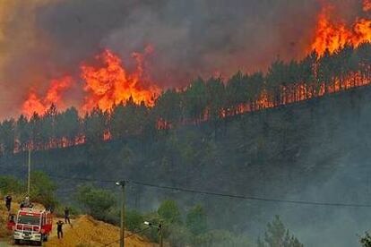 Un retén de bomberos observa las llamas en un bosque cerca de Pampilhosa da Serra.