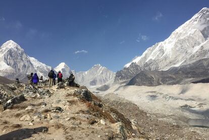 This April 9, 2016 photo shows snow-capped peaks in the Himalayas, just north of the village of Lobuche, Nepal and about a three-hour walk from Everest Base Camp. A trek to base camp along mountain paths hugging it's deep gorges offers renewal and a test of mental and physical limits. A trek to Everest Base Camp along mountain paths that hug deep gorges offers renewal and a test of mental and physical limits. Along the way there are sore knees and altitude sickness, but the spectacular landscapes, friendly villagers and moments of tranquility make the journey an unforgettable experience. (AP Photo/Karin Laub)