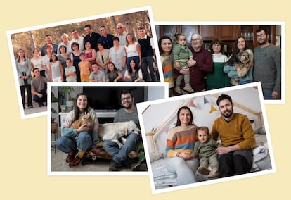 Arriba a la izquierda, una imagen del archivo familiar a finales de los noventa en la que se ve a Joana Esteban y a sus hermanos, a las parejas de estos y a sus hijos. A la derecha, Joana (jersey verde y blanco) y su marido, Josep López, con su hija Klara y su nieta Bruna, a un lado, y Amanda y su novio Guillem Fuster, al otro. Abajo a la izquierda, Amanda y Guillem con sus dos mascotas. A la derecha, Klara y su marido, Gerard Andreu, junto a Bruna.